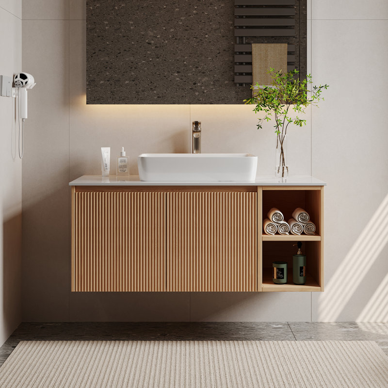 Meuble-lavabo simple 36 po avec plateau en faux marbre Dexheart, Bois clair, 36"