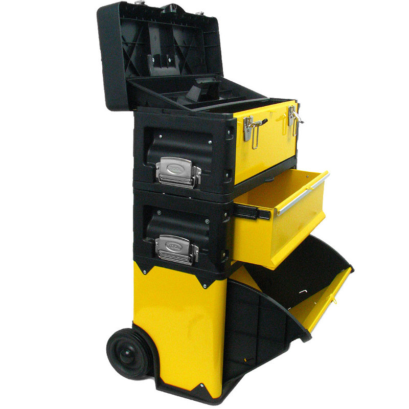 Stalwart Portable Tool Box with Wheels Stackable 3-in-1 Tool Chest Foldable Comfort Handle and Latches