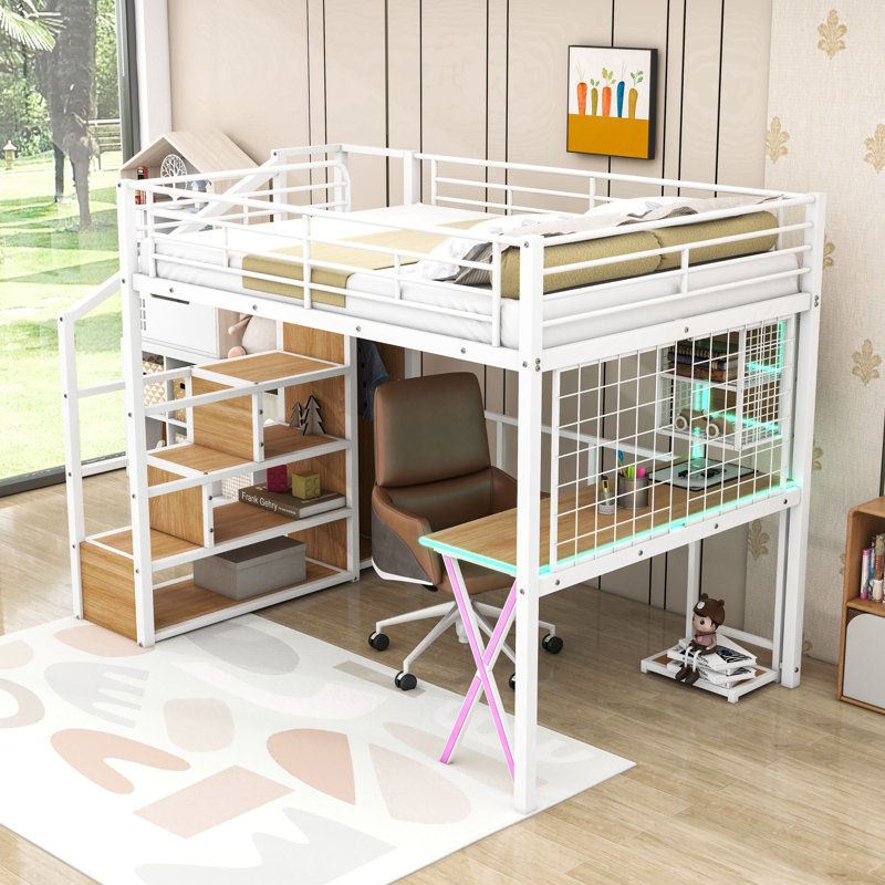 Loft Bed With LED Strip, Built‑In Desk, Open Wardrobe, Storage Stairs And Guardrails, Full, White