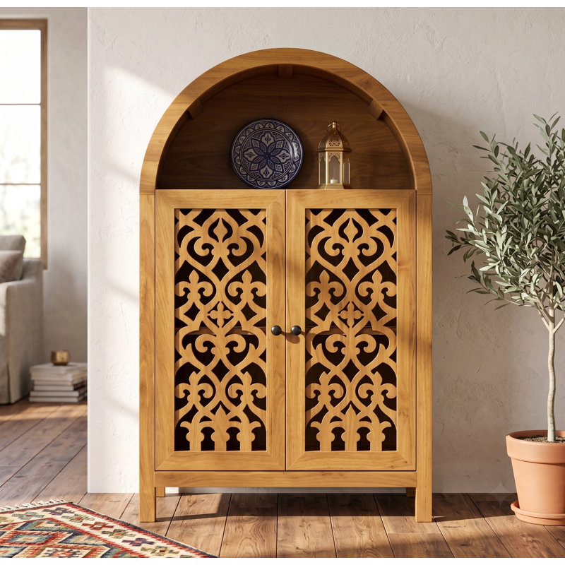 Armoire décorative arquée en bois massif avec portes finement sculptées, armoire de rangement autoportante avec tablette intérieure pour le salon, la chambre à coucher, le vestibule ou la salle à manger