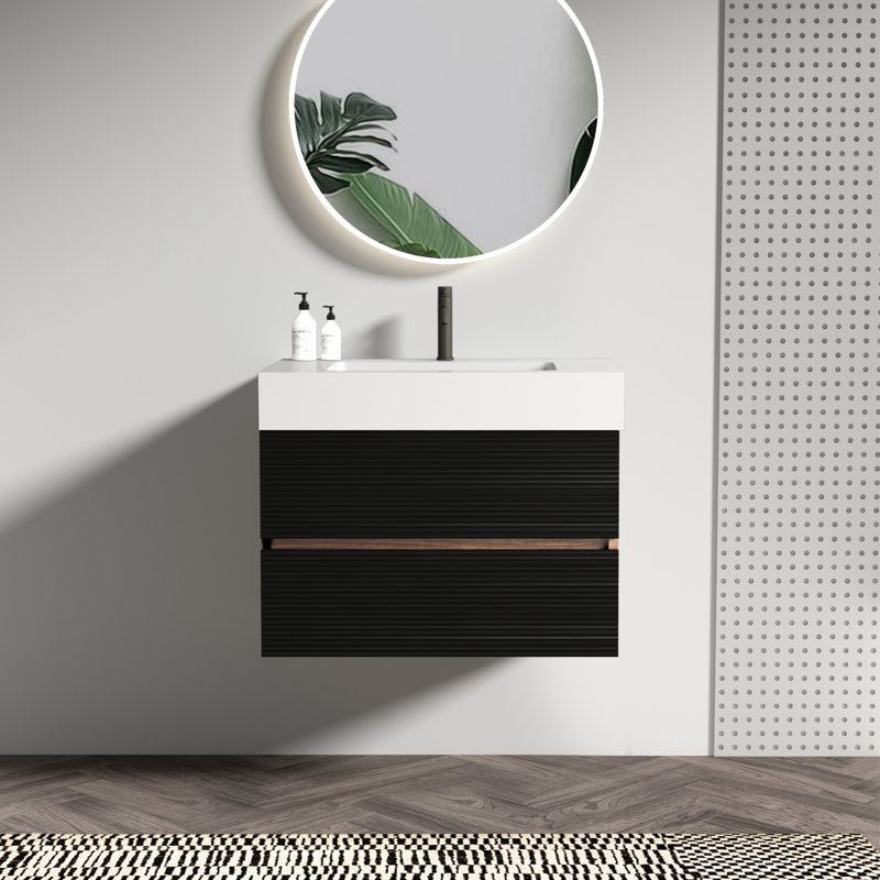 Meuble-lavabo mural moderne de 76 cm avec lavabo en quartz et tiroirs à fermeture amortie, lavabo monobloc, panneaux de qualité E1 offrant 20 % de rangement supplémentaire, montage facile, double fixation, côtés en bois blanc brillant
