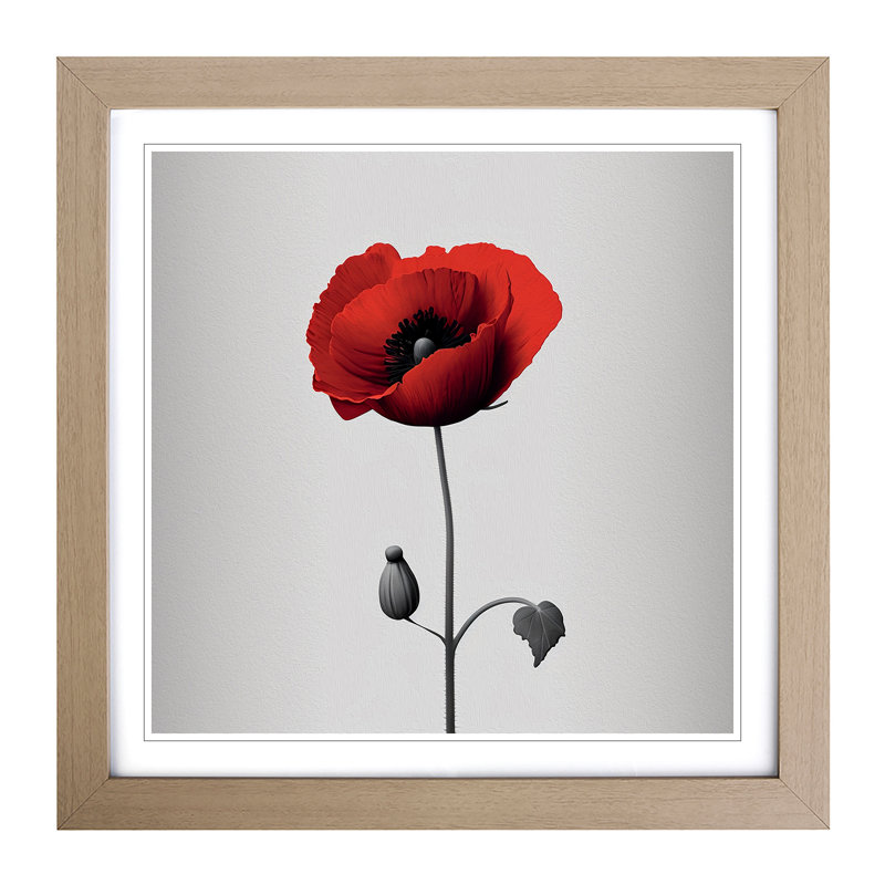 Poppy Flower Minimalism 1 Piece Single Picture Frame Wall Art, Oak