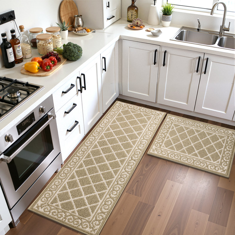 Betio Non-Skid Washable Kitchen Mat (Set of 2), Beige