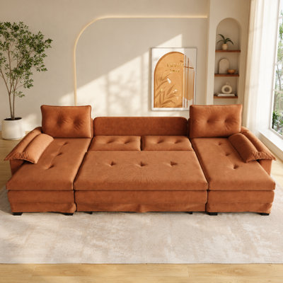 3-in-1 Luxury Sleeper Sofa with Pull Out Bed Chenille Modular U-Shape Sectional with Dual Lounges & Smart Tech Hub