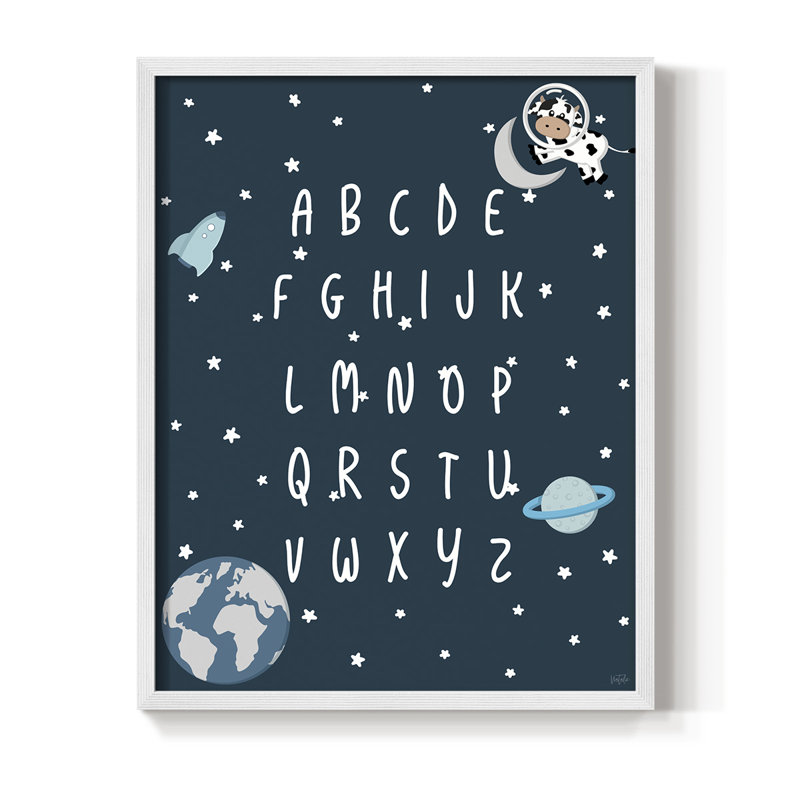 Space Cow Alphabet, reproduction encadrée - bois massif, H 21 po x l 17 po, Blanc
