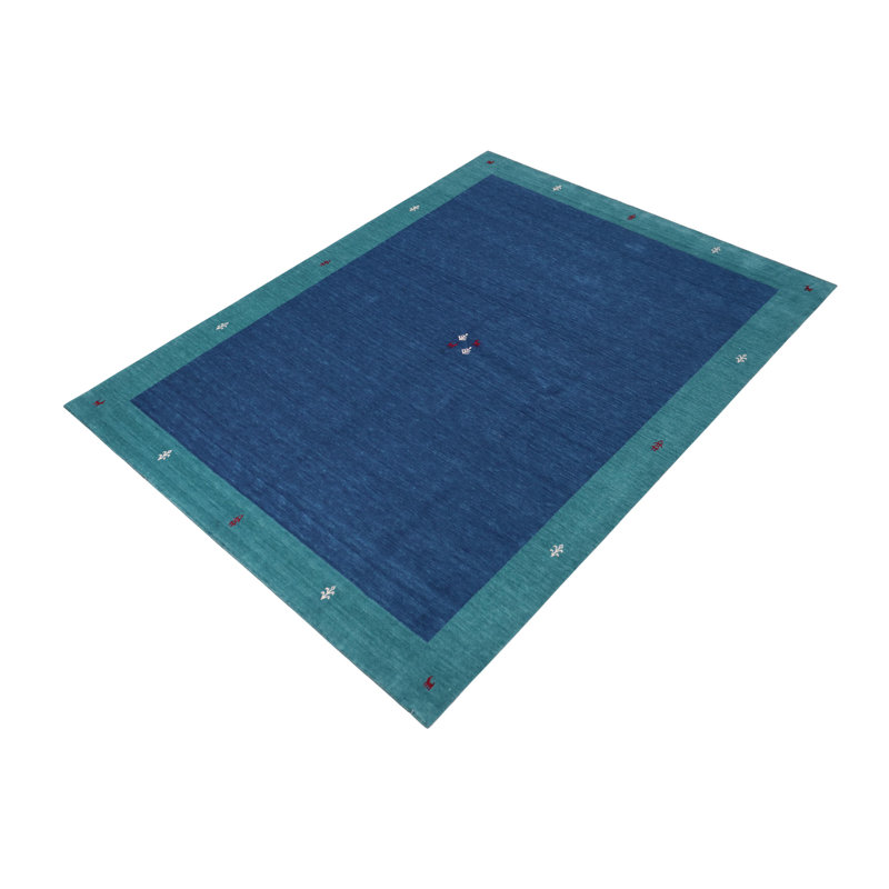 Tapis contemporain en laine bleu / vert Gabbeh Fox - 8 pi 2 po x 9 pi 8 po
