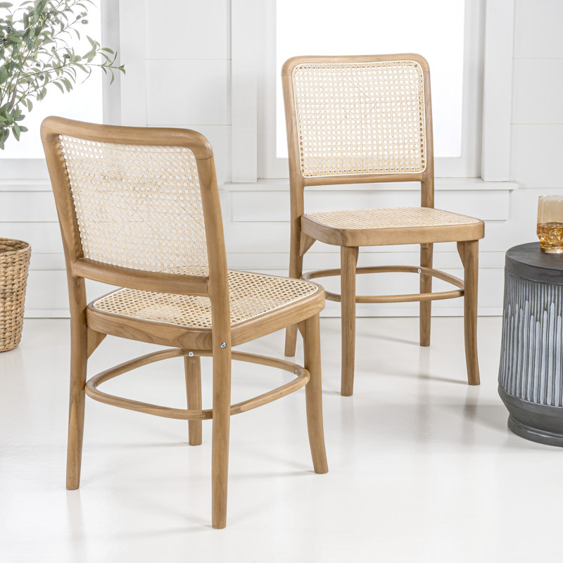 Colmar Mid-Century Natural Teak Wood & Woven Rattan Cane Back Dining Chairs, 17.7"W Armless Side Chairs for Dining Room & Kitchen