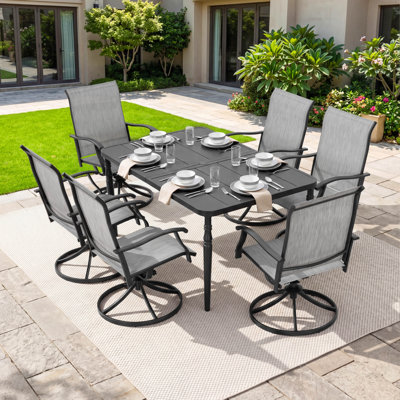 Patio 7-piece Textilene Dining Set With Umbrella Hole, Swivel Design
