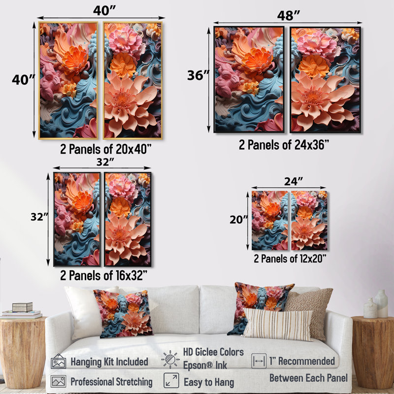 Statue de bouddhisme en fleurs I - Art mural traditionnel 2 panneaux, H 36 po x l 48 po, Impression encadrée flottante, Doré