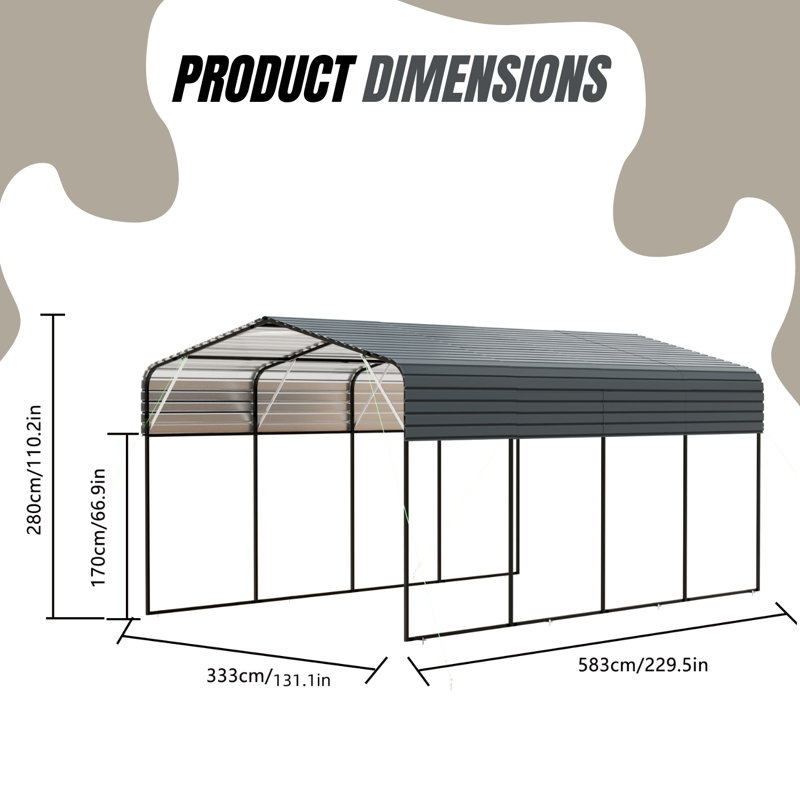 Metal Carport 11X19 Ft Heavy Duty Black Frame With Galvanized Steel Roof Outdoor Garage Shelter