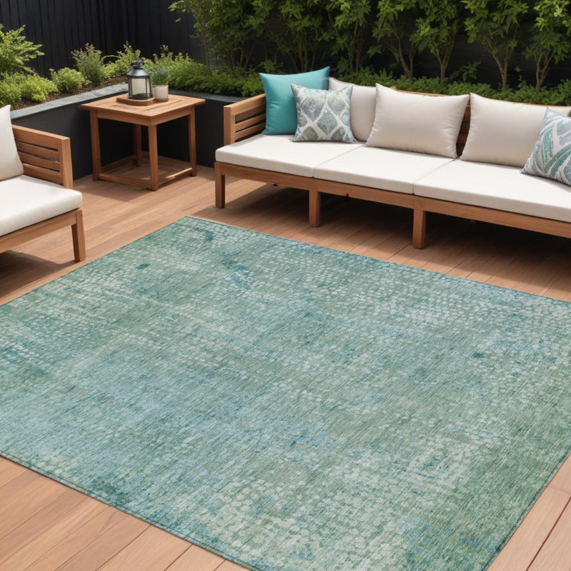 Tapis d'extérieur lavable abstrait bleu sarcelle et ivoire 10 pi x 14 pi