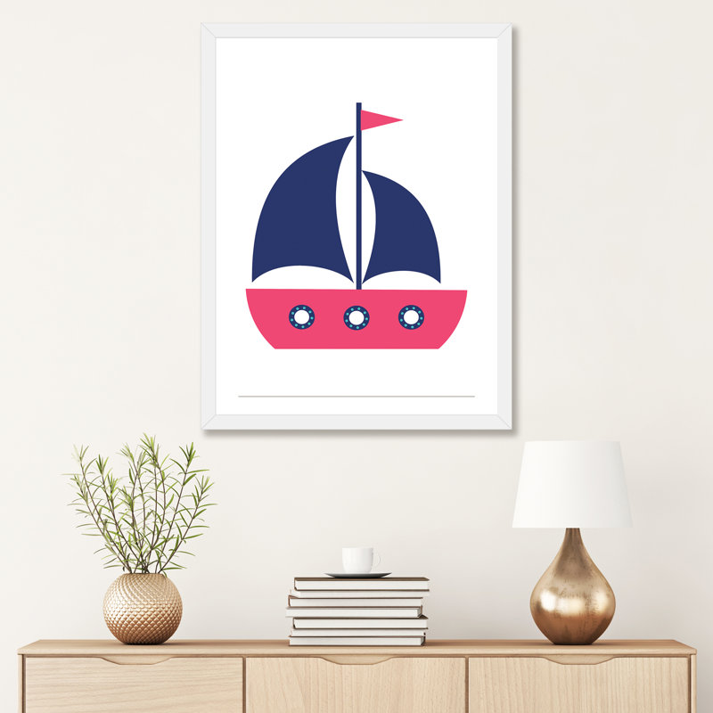 Bateau, conception nordique - impression d'art graphique, Papier encadré blanc, H 32 po x l 24 po x P 1 po, Blanc