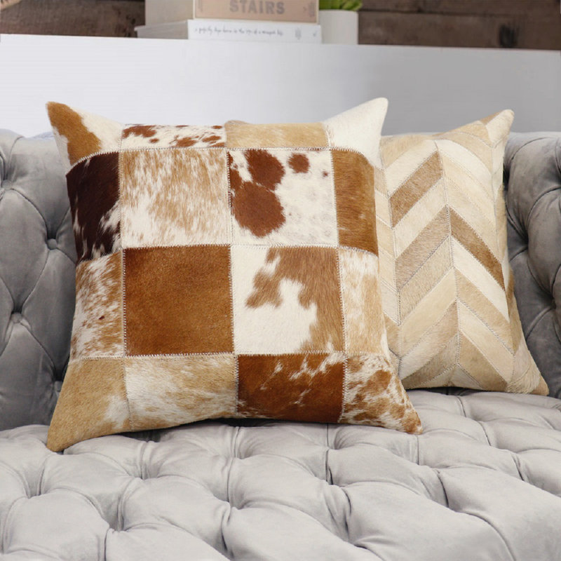Brown and Ivory Patchwork Cowhide Throw Pillow