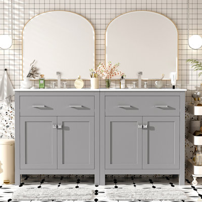 60" Modern Gray Bathroom Vanity Set with Double Vanities (Separate), Double Ceramic Sinks, Adjustable Shelf, Soft Close Doors and Flip Drawer– Modern Bathroom Solution for Spacious Bathrooms
