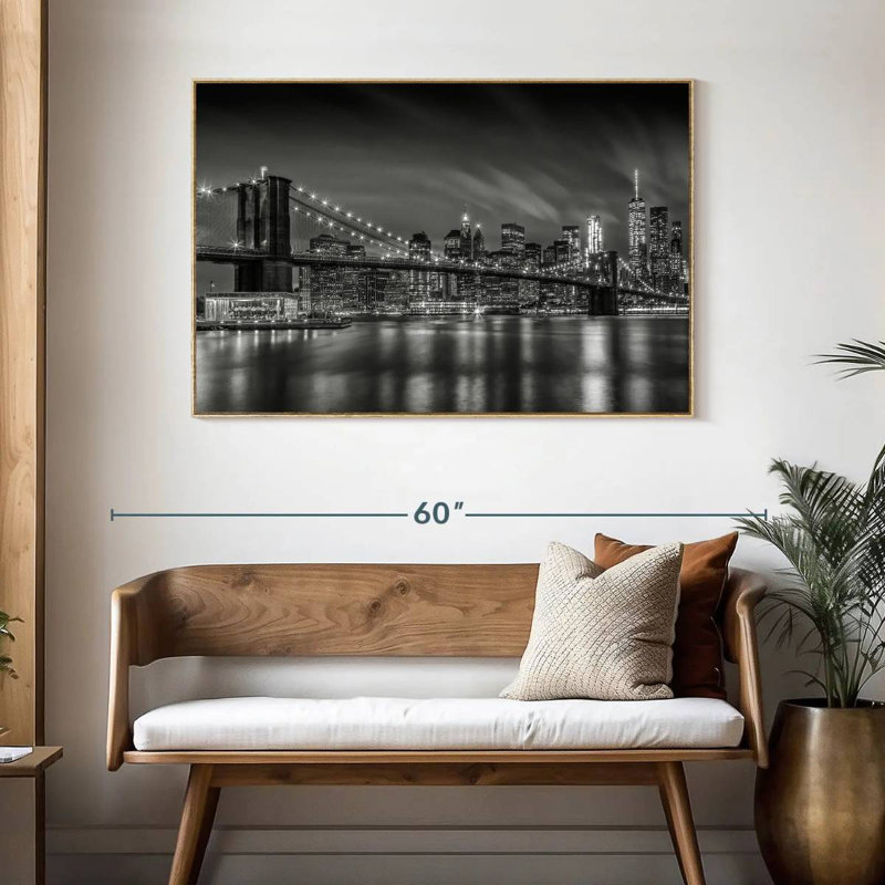 Brooklyn Bridge Nightly Impressions, Cadre flottant en bois naturel, 46 po x 31 po
