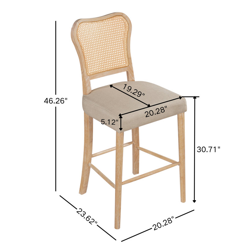Markus 30.71'' Seat Height Farmhouse Acacia Wood Barstool with Woven Rattan Backrest & Fabric Cushion for Kitchen Island & Home Bar