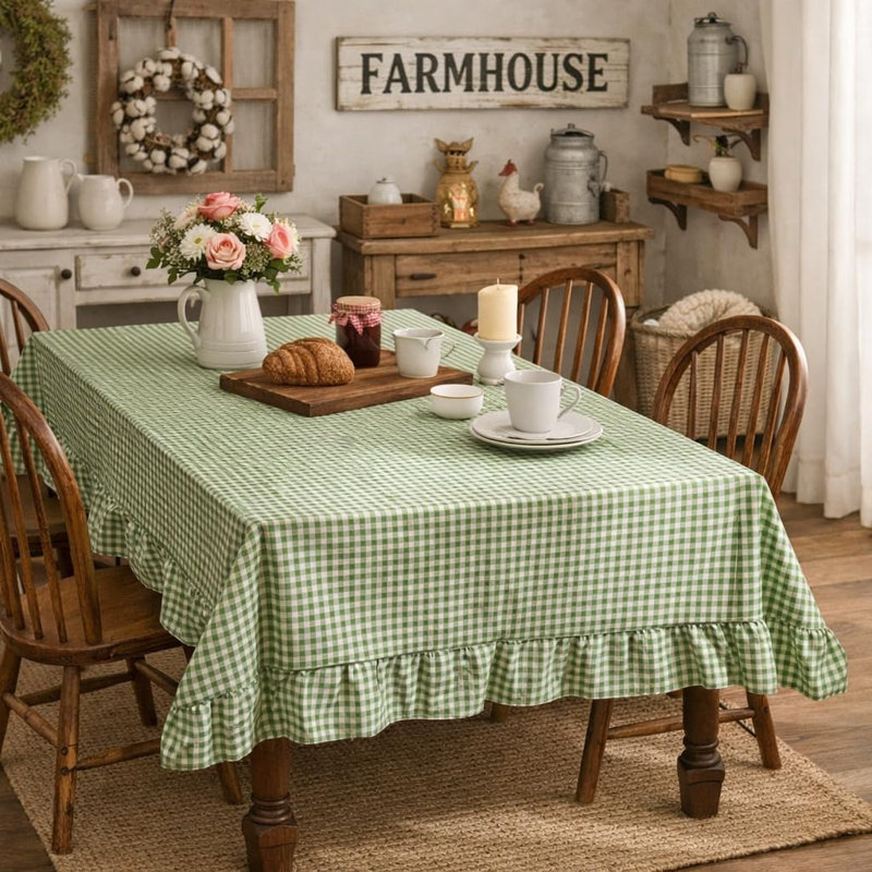 Farmhouse Beige Gingham Ruffled Tablecloth, Cottage Plaid Dining Table Cover With Ruffle Edge 56" X 72", Green, 56" L x 40" W