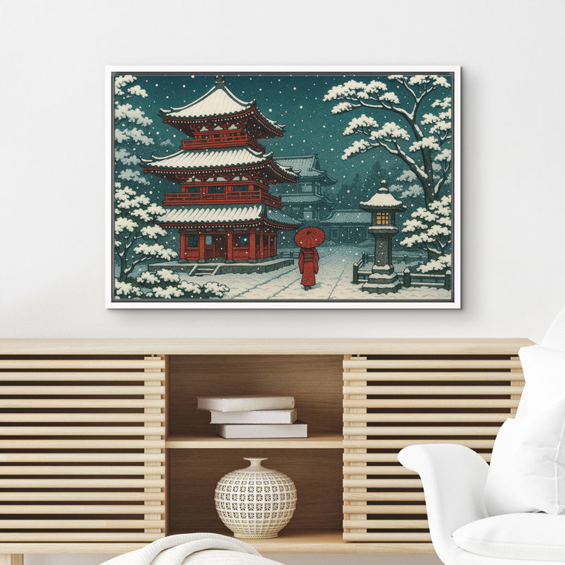 Temple japonais enneigé avec un parapluie rouge, reproduction d'art sur toile encadrée dans la chambre principale, Blanc