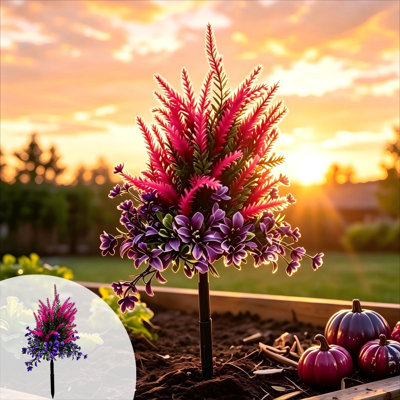 Fleurs artificielles roses, lavandes et eucalyptus violets à piquer dans le sol, idéales pour la décoration de jardin, de Noël, de l'Action de grâce et d'Halloween.