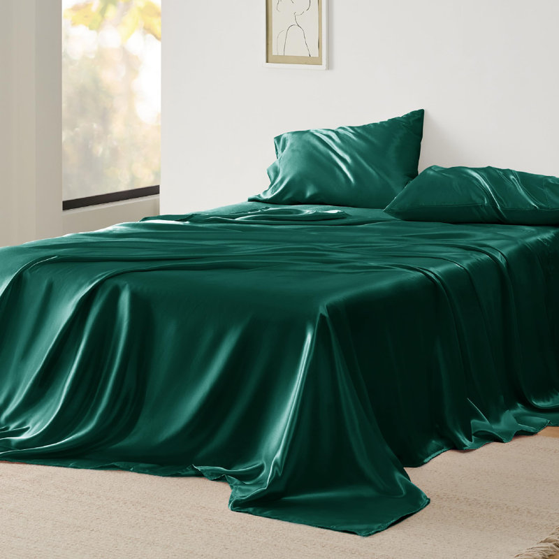 Bedsure Satin Sheet Set Queen Size - 4 Piece Silky Bedsheets with 15" Deep Pocket (Queen, Dark Green), Queen, Dark green 