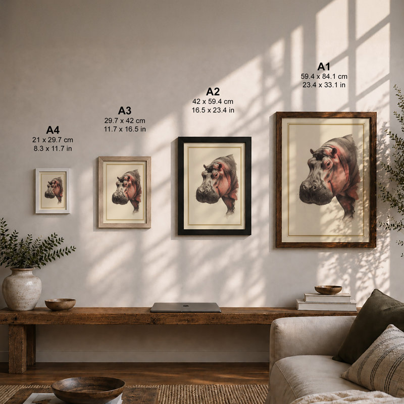 Hippopotamus Study Botanical - Framed Print, Unframed, A4 - 29.7 x 21.0 cm