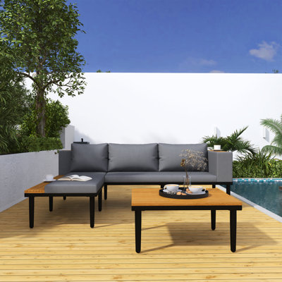 Ensemble de meubles de patio de luxe avec coussins gris amovibles et table basse, canapé en bois d'acacia en forme de L avec table d'appoint, canapé modulaire d'extérieur