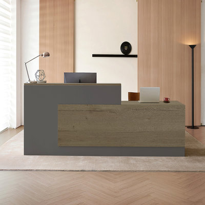 79" L-Shaped Reception Desk with Counter, Modern Front  Counter with Storage Cabinet, Open Shelves, Lockable Drawer and Keyboard Tray for Office, Lobby, Checkout