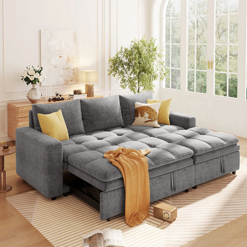 Upholstered Sectional Sofa Bed With Storage Space, Gray Polyester