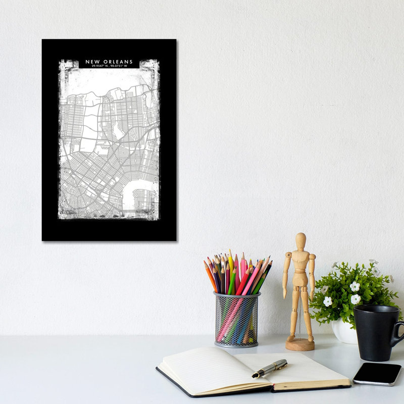 New Orleans City Map Black White Grey Style by WallDecorAddict - No Frame Gallery-Wrapped Canvas Giclée on Canvas
