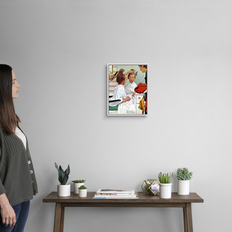Norman Rockwell, premier voyage à la boutique de beauté, toile, H 16 po x l 13 po x P 1,75 po, Cadre flottant blanc