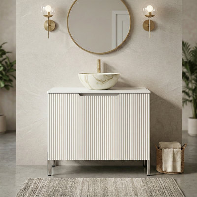 30" Freestanding Bathroom Vanity with Sintered Stone Countertop, Fluted Doors, Soft-Close Hardware & Multiple Vessel Sink Options