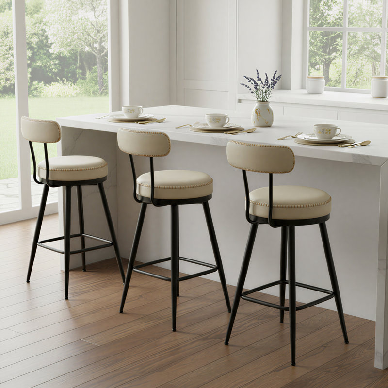 Tabourets Angelleah avec dossier, cuir synthétique, Tabouret de comptoir (siège d'une hauteur de 25,6, Blanc, crème