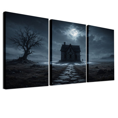 Vieille maison en bois sous la pleine lune avec Halloween - Ensemble de 3 toiles murales
