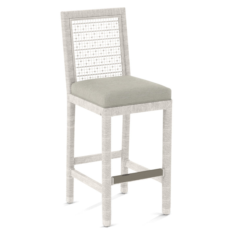 Pine Isle Bar Stool, Sunbrella Beige Pinstripe; 6205-74, Antique Frost White