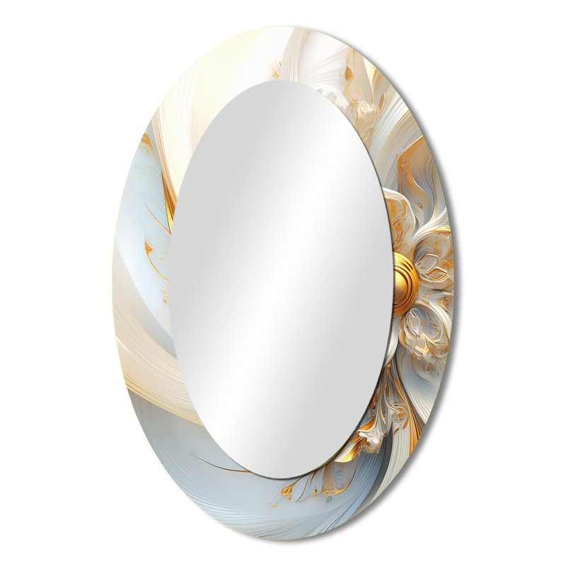 Whirling While Glam Fractals In Gold And White I - Gold Modern Oval Wall Mirror, 36" x 24"