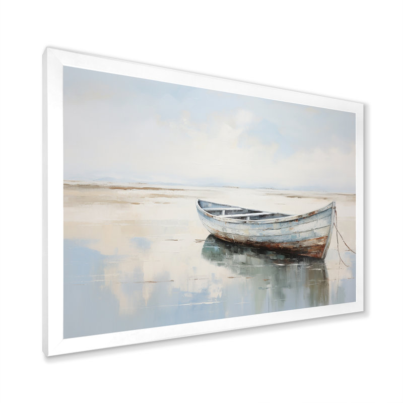 Bleu et blanc, petit bateau au bord du lac I - impression sur toile, Cadre photo blanc, H 24 po x l 32 po x P 1 po