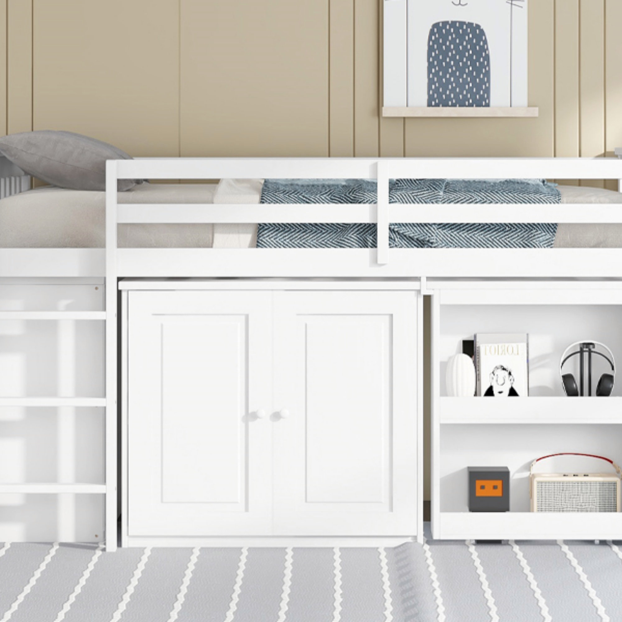 Latitude Run® Twin Loft Bed With Storage Cabinet, Drawer And Shelf ...