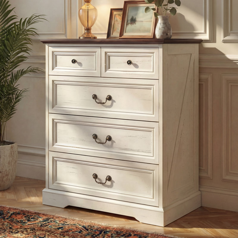 5 Drawers Rustic Accent Chest Cabinet, Brown/White