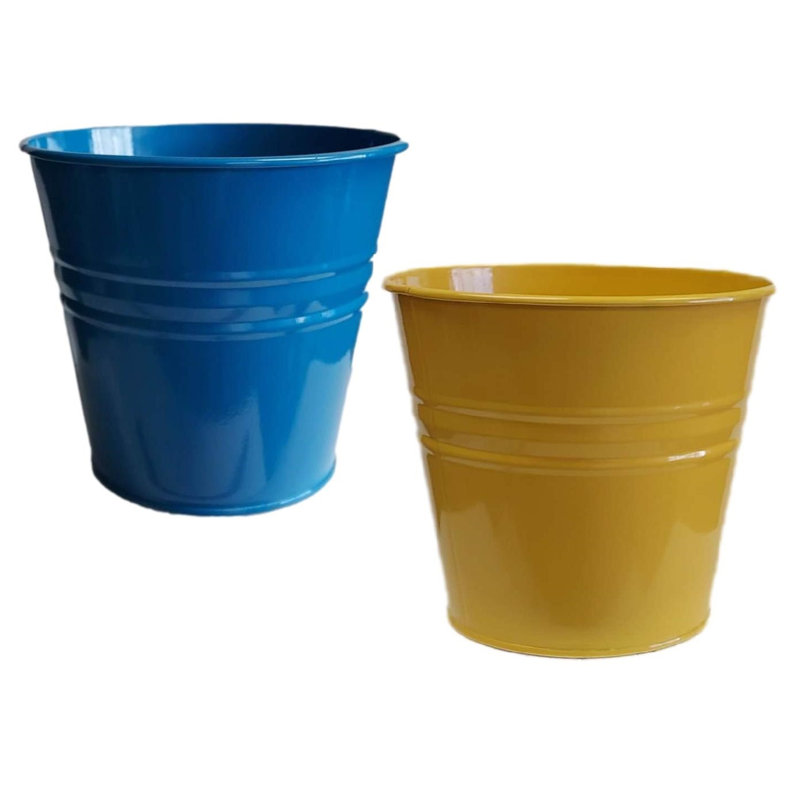 Enameled Galvanized Steel Planter For 6.5" Plants. Set Of Two, Blue/Yellow