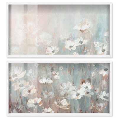 Champ en fleurs - Ira Comleva Fowey, grande reproduction sous verre en deux parties par Art Remedy, cadre blanc, 48 x 24