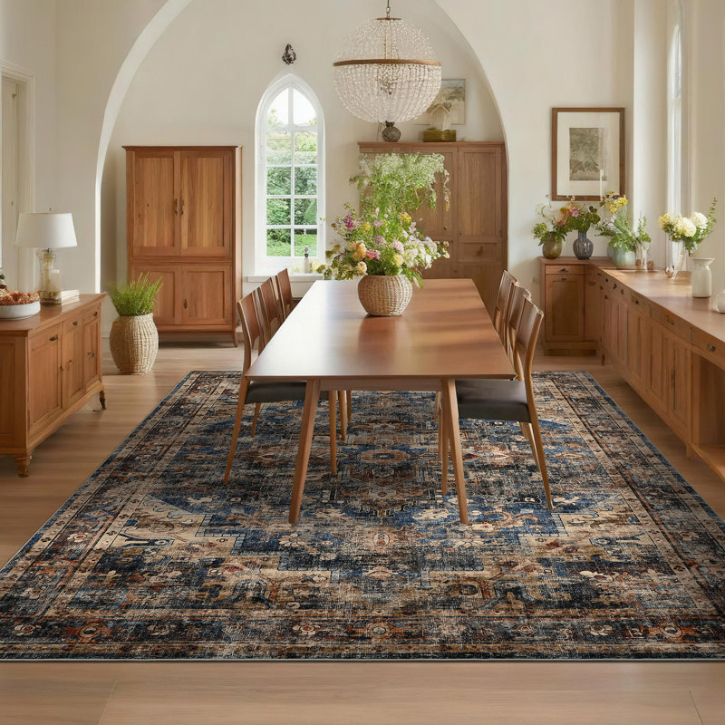Rectangle Abstract Washable Area Rug, Blue/Brown, Rectangle 200 x 290 cm