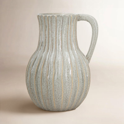 Decorative Round Ceramic Jug with Textured Ridged Design and Handle - 9.5" x 8" x 12" - Gold