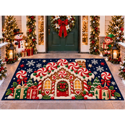 5’ x 7’ Outdoor Area Rug Christmas Gingerbread Peppermint Navy Red Cream, Heavyweight Waterproof PVC Coil Loop Carpet, Quick Dry Indoor Outdoor Mat for Porch Deck Entryway Large Doormat