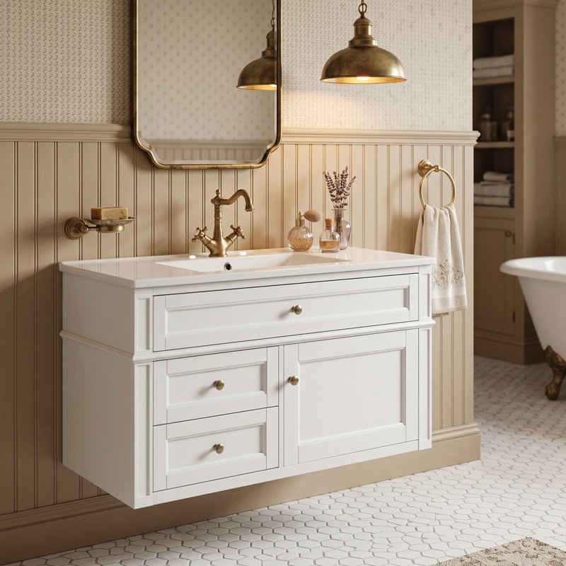 Meuble-lavabo mural 36 po avec 2 tiroirs et tiroir escamotable - Armoire de rangement murale avec lavabo en céramique à 3 trous pour salle de bain moderne