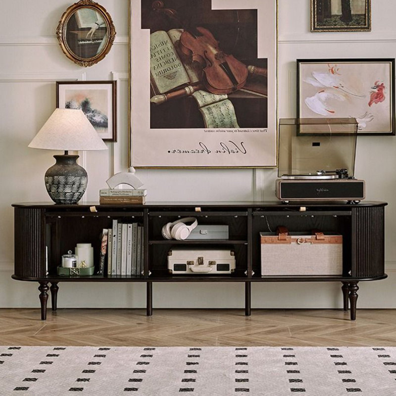 Meuble télé moderne en bois massif noir, 23.43" H x 86.61" W x 15.75" D