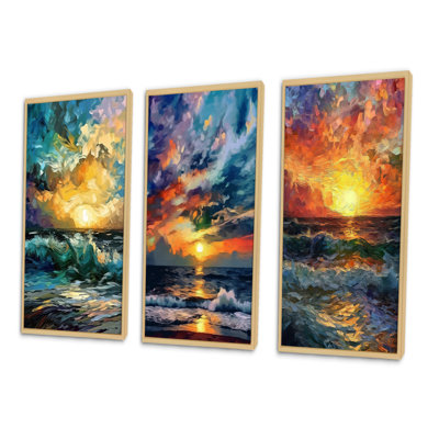 «Majestic Sunset Wild Waves Breaking At Shore», 3 pièces sur toile