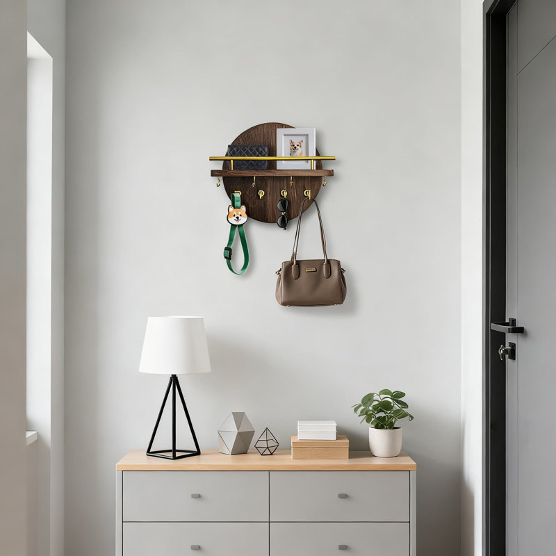 Porte-clés mural avec tablette et crochets, organisateur de vestibule rustique pour clés, courrier et décoration murale, Brun