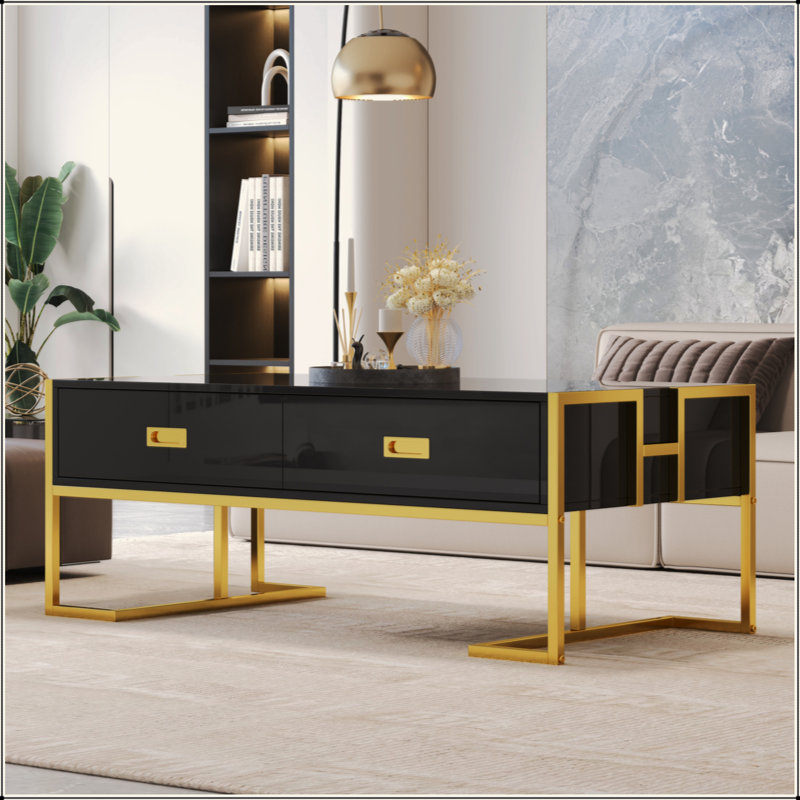 Table basse moderne moderne avec 4 tiroirs et base dorée, Noir
