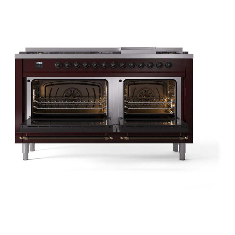 ILVE Nostalgie II Noblesse 60 in Dual Fuel Range, 9 Burner, Griddle, Burgundy/Burnished, Natural Gas