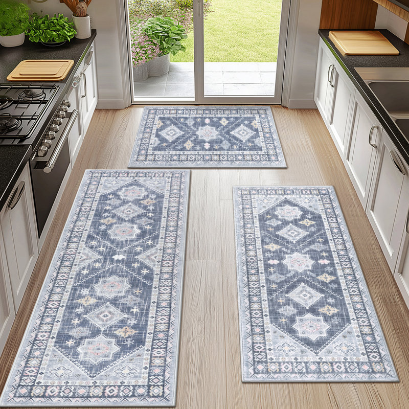 Machine Washable Non-Slip Kitchen Mat (Set of 3), Blue/Gray